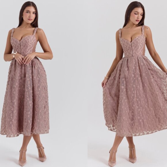 HOUSE OF CB 'Lovely'French Rose Jacquard Sweetheart Neckline Midi Dress NWOT